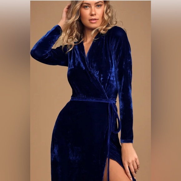 COPY - Enchant Me Cobalt Blue Velvet Midi Wrap Dress - Picture 1 of 5